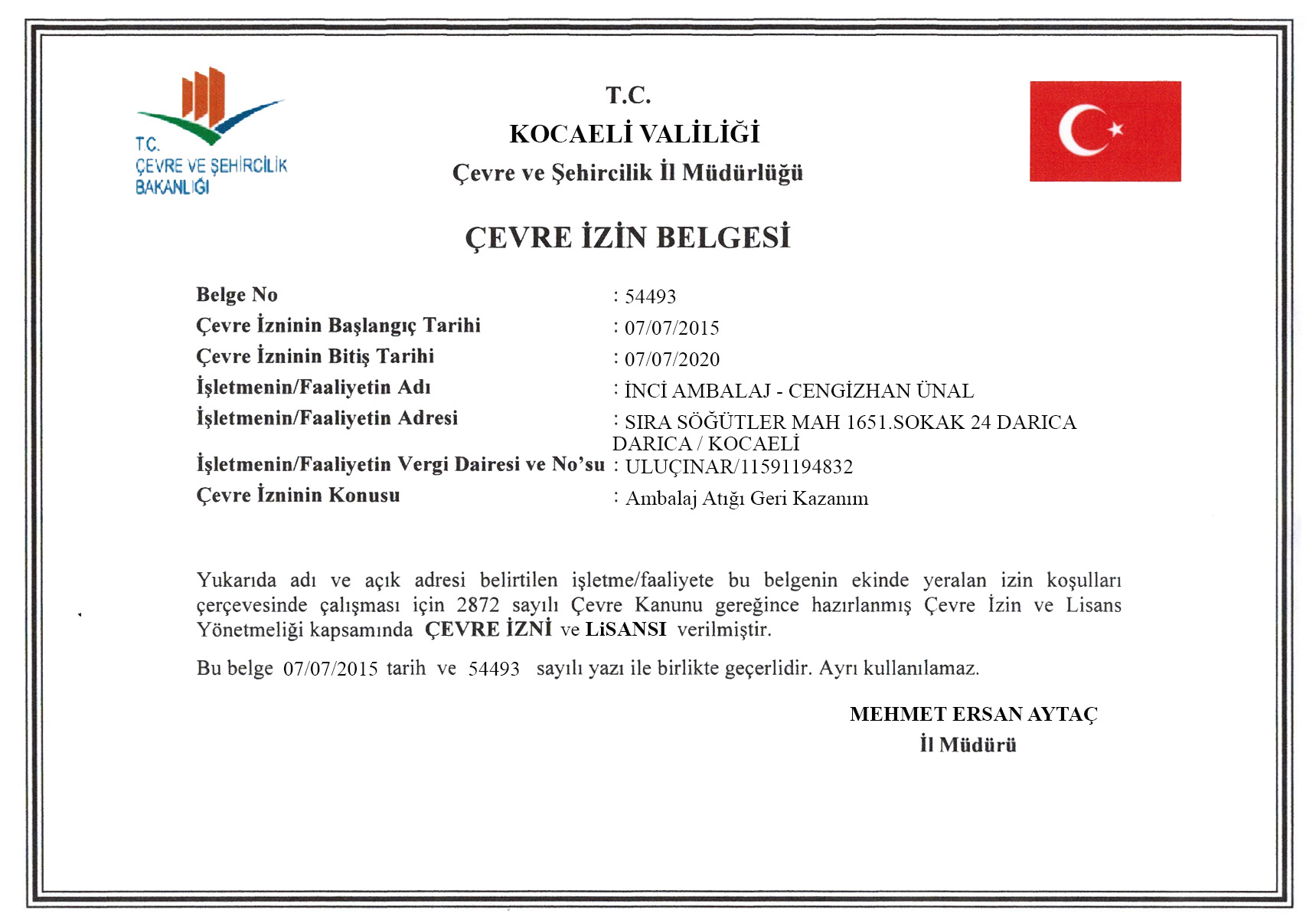 �evre �zin Belgesi